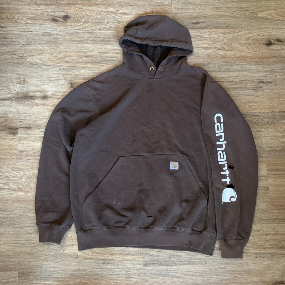 Carhartt Mens K288 DKB Sleeve Logo Hoodie Brown Original Fit Distressed Medium